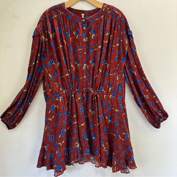 Free People Flower Fields Maroon with Blue Floral Pattern Mini Dress Medium - Picture 3 of 10